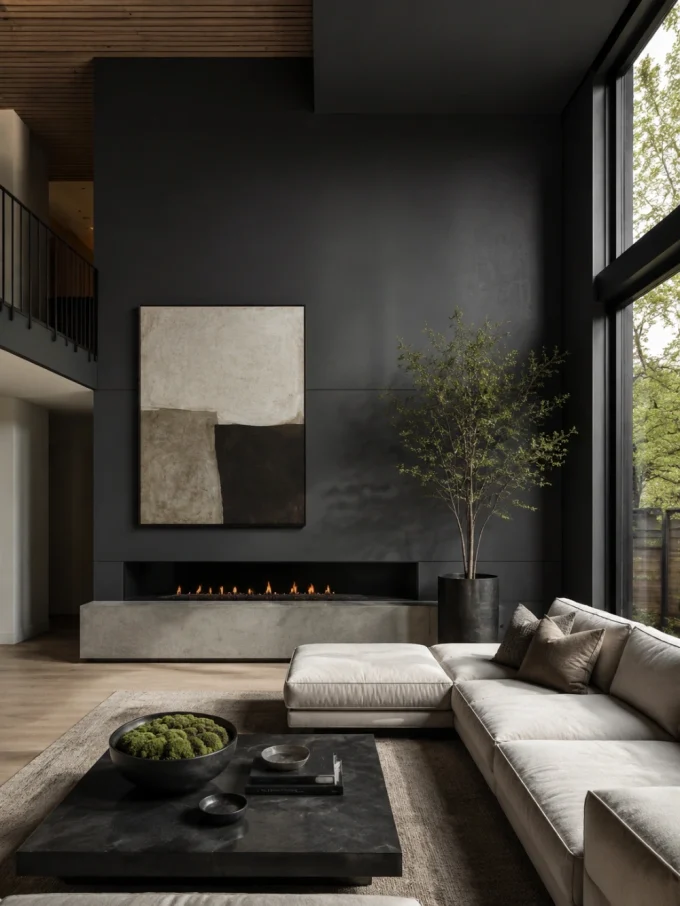 A charcoal gray living room with a modern fireplace, abstract art, and a sectional sofa.