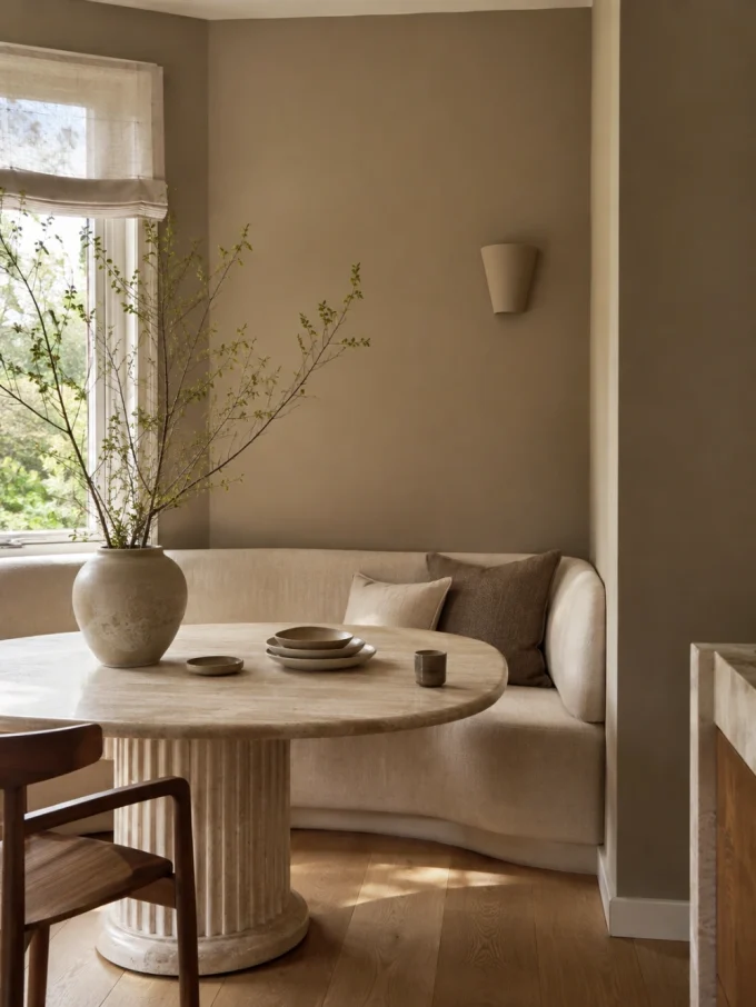 A beige banquette with pillows and a round marble table with a vase and dishes