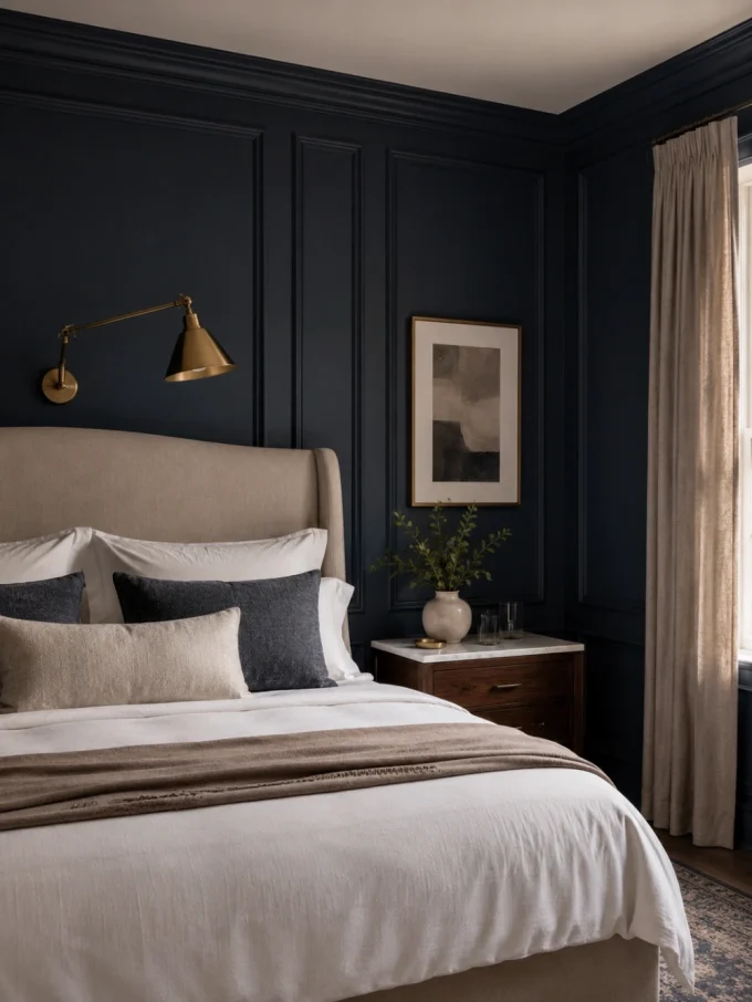 Bed with white comforter and navy blue accent pillows against dark navy blue paneled wall with gold sconce