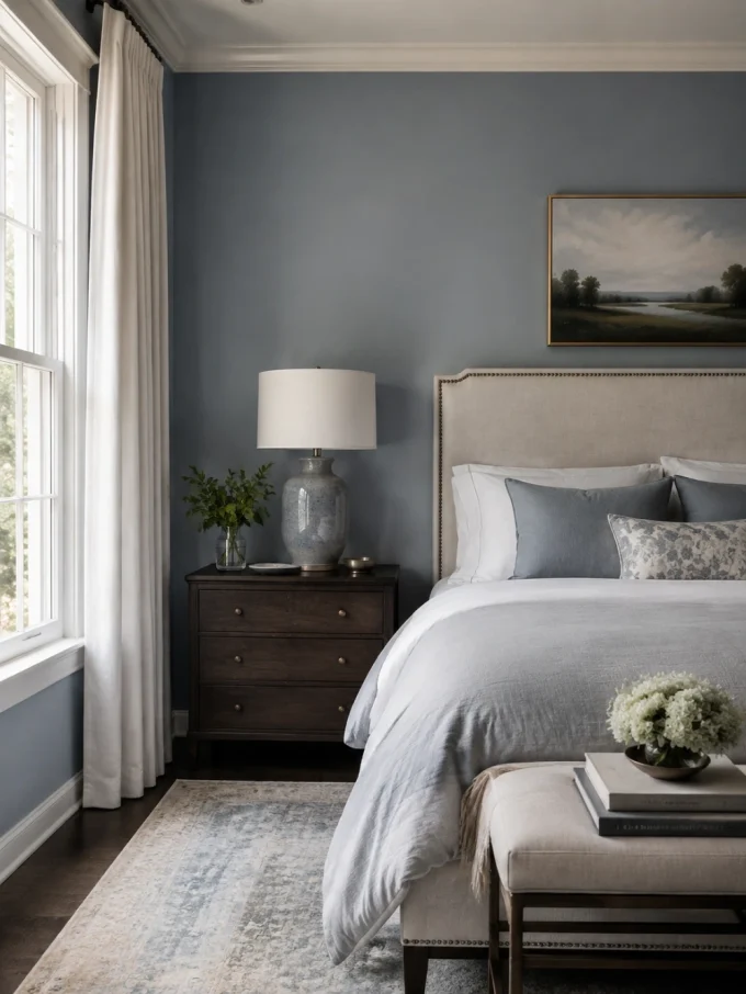 Bed with dusty blue pillows and gray comforter against blue wall
