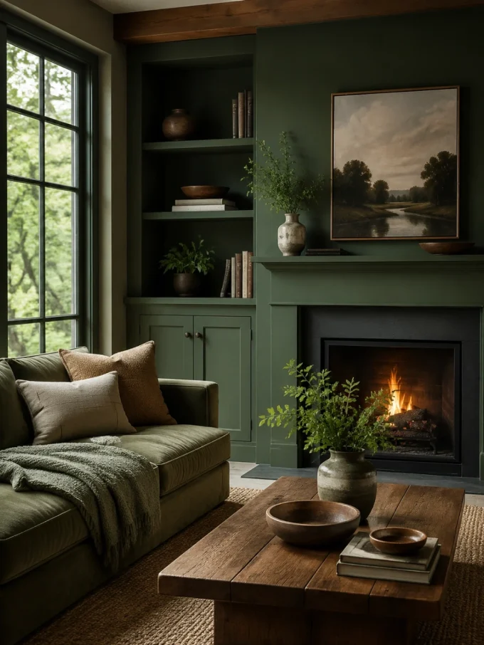 Forest green living room with a fireplace, green couch, and wooden coffee table