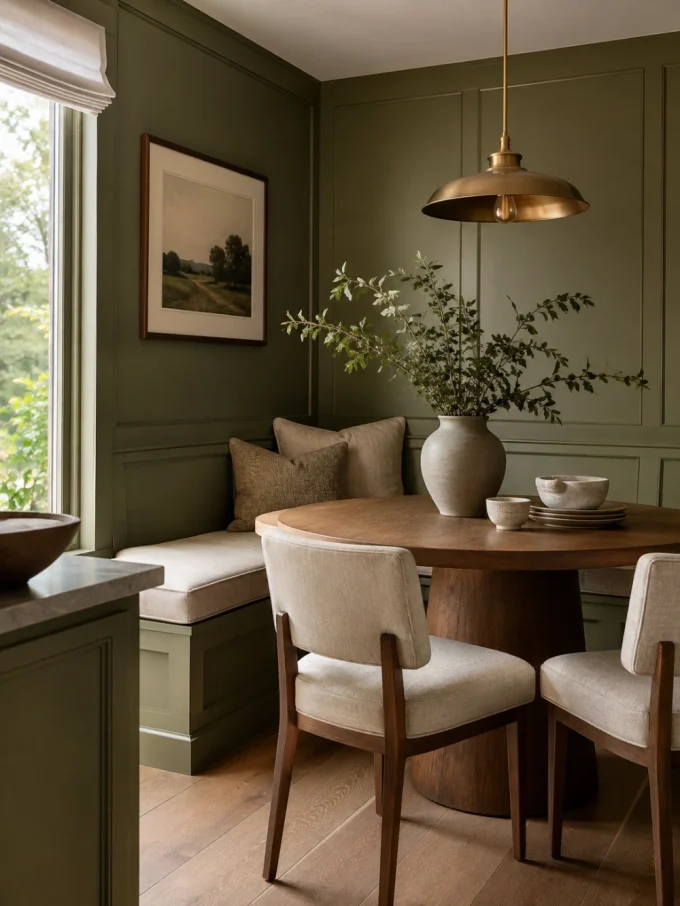 Olive green walls, round wooden table with vase and dishes, two chairs, and built-in bench with pillows