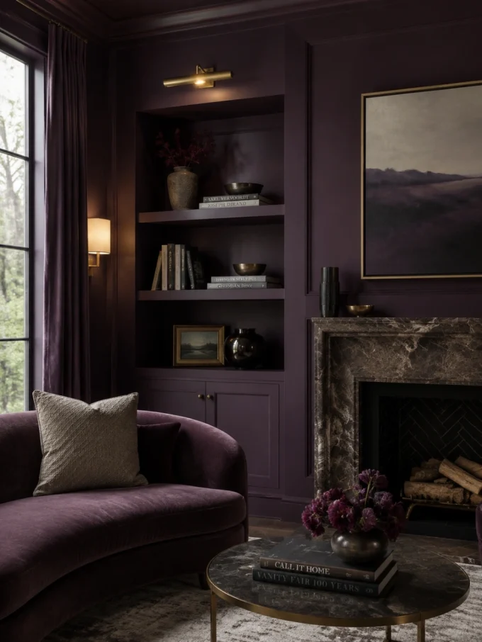 A plum-colored living room with a curved sofa, marble fireplace, and built-in bookshelves.