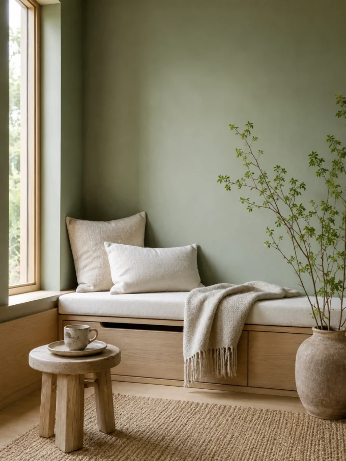 A sage green wall with a built-in window seat featuring two pillows, a throw blanket, and a wooden stool with a cup and saucer beside a potted plant.
