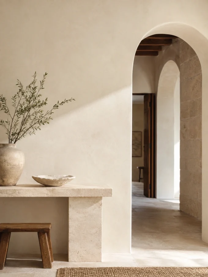 Soft ivory wall with arched doorway, vase with branches, and stone shelf