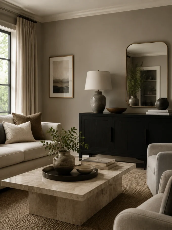 A beige living room with taupe walls, a marble coffee table, and a black sideboard.