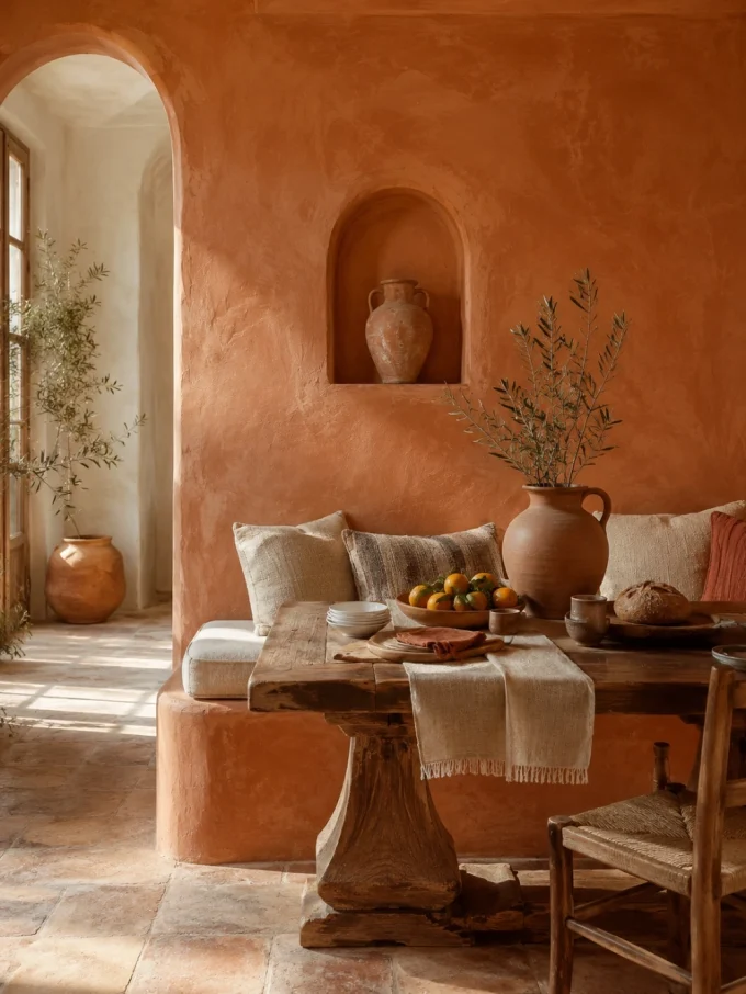 A rustic dining area with terracotta walls, a wooden table set with a bowl of oranges, bread, and clay pots.