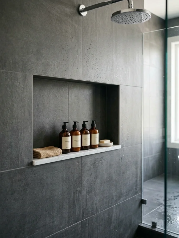 Luxury rain shower with a built-in niche behind the rain shower featuring thin stone shelf, stone surfaces, and recessed niche.