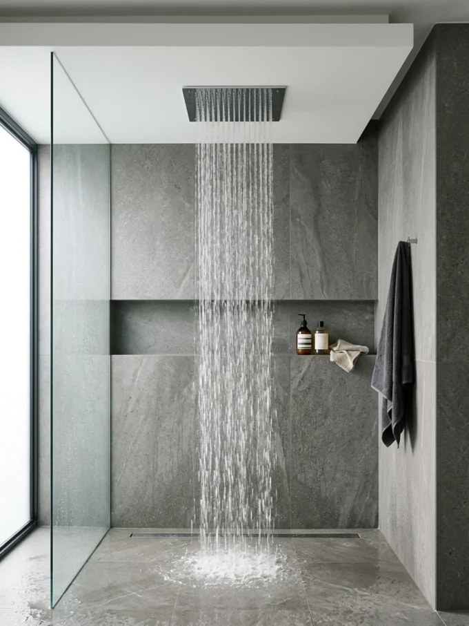 Luxury rain shower with a ceiling-mounted rain shower for a true downpour effect.