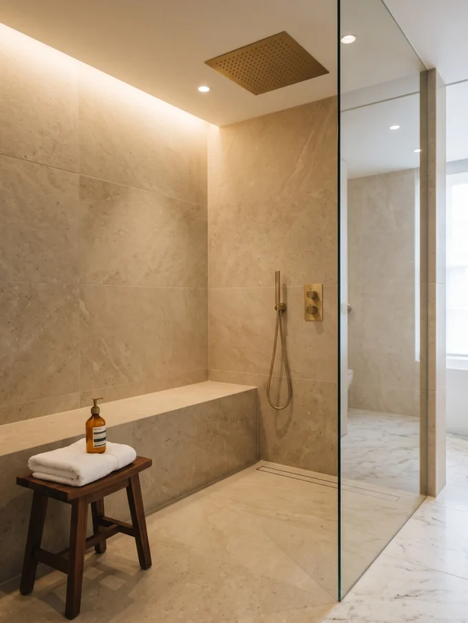 Luxury rain shower with a complete spa shower with coordinated finishes featuring one primary stone or tile, warm limestone-look tile, and soft warm lighting.