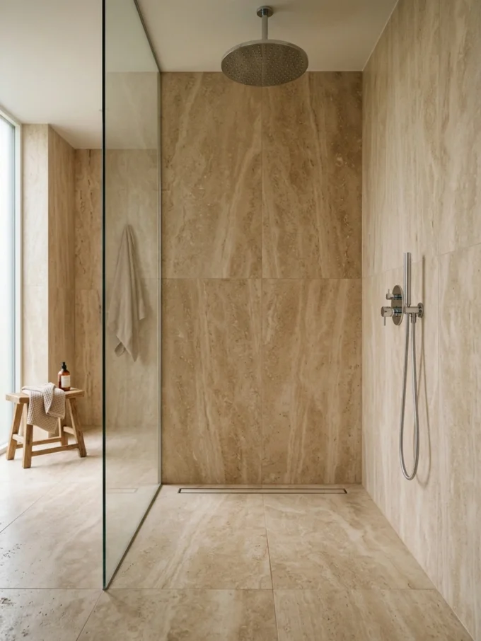 A curbless shower with a rain showerhead, frameless glass, and beige marble tiles