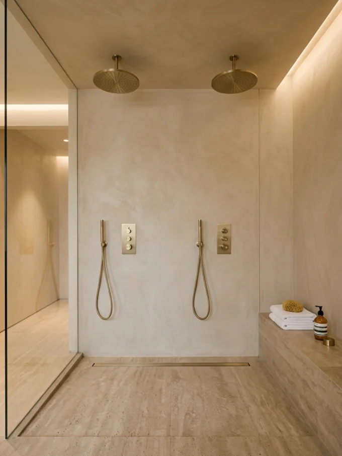 A large walk-in shower with two overhead rain showerheads and handheld showerheads