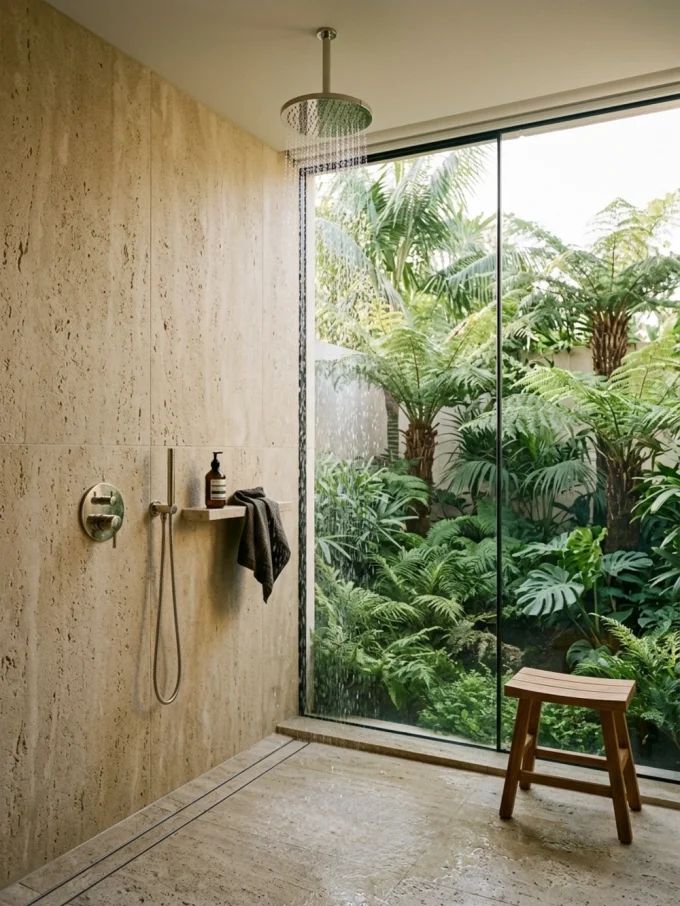 A shower with a rainfall showerhead, natural stone walls, and a view of lush greenery outside a large window.