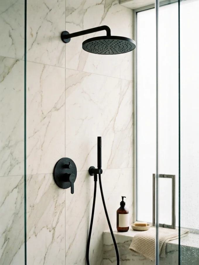 Matte black rain shower head and handle against white marble wall