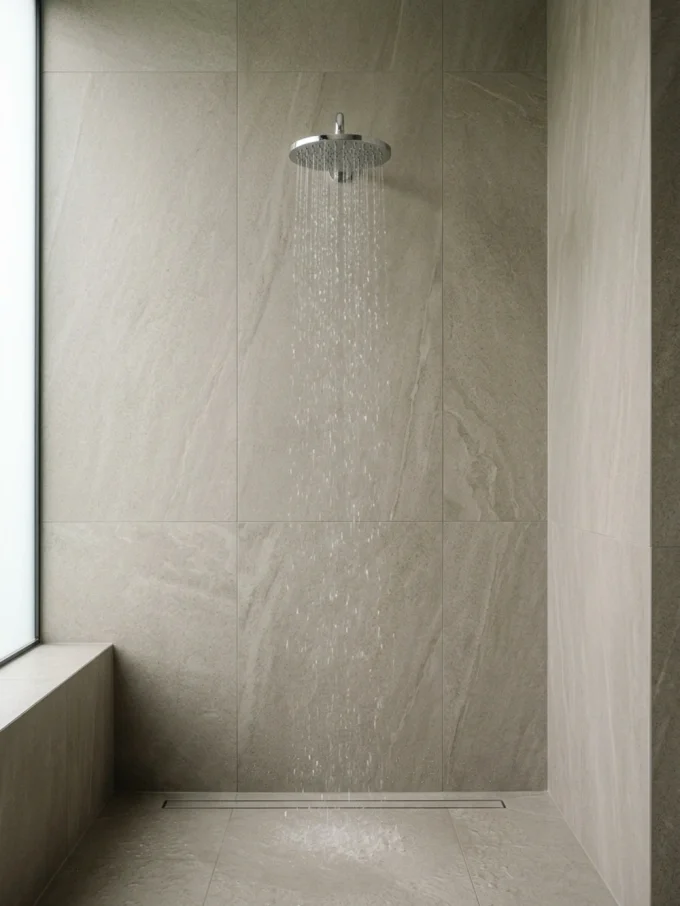 Large rain shower head with water falling on large-format gray tiles