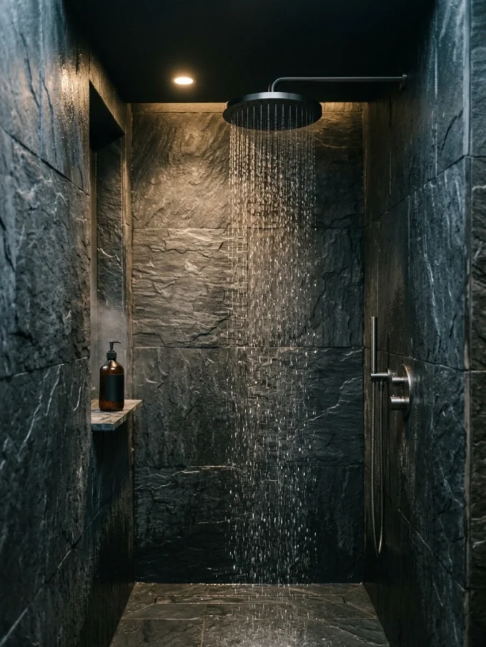 Luxury rain shower with a moody rain shower with dark stone featuring white finishes, metal finishes, and stone surfaces.