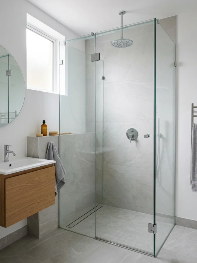 Luxury rain shower with a small bathroom feel luxurious with a compact rain shower featuring glass details.