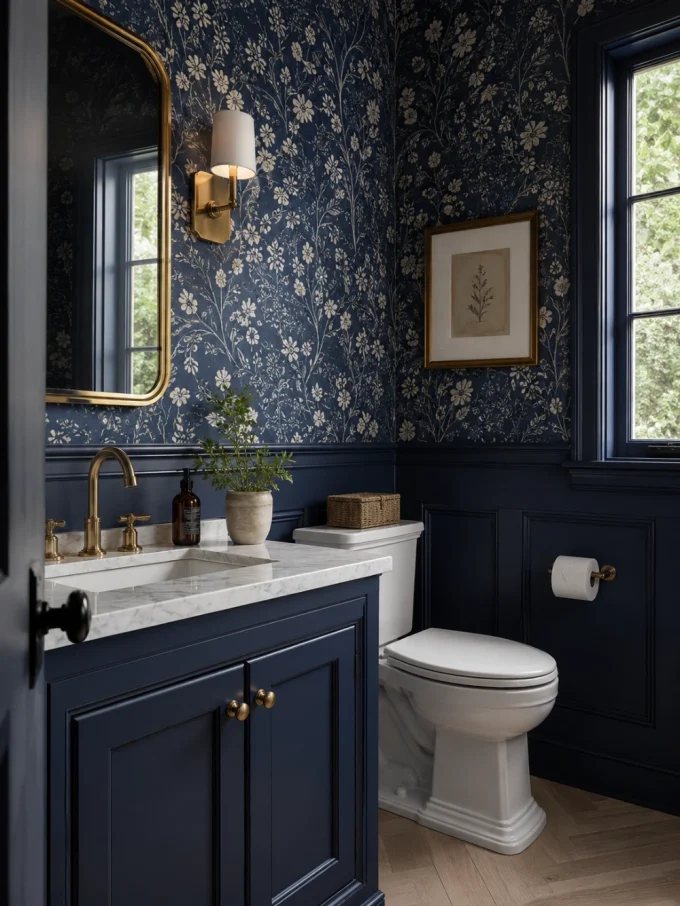 Navy floral wallpaper in a bathroom with gold fixtures and white marble sink
