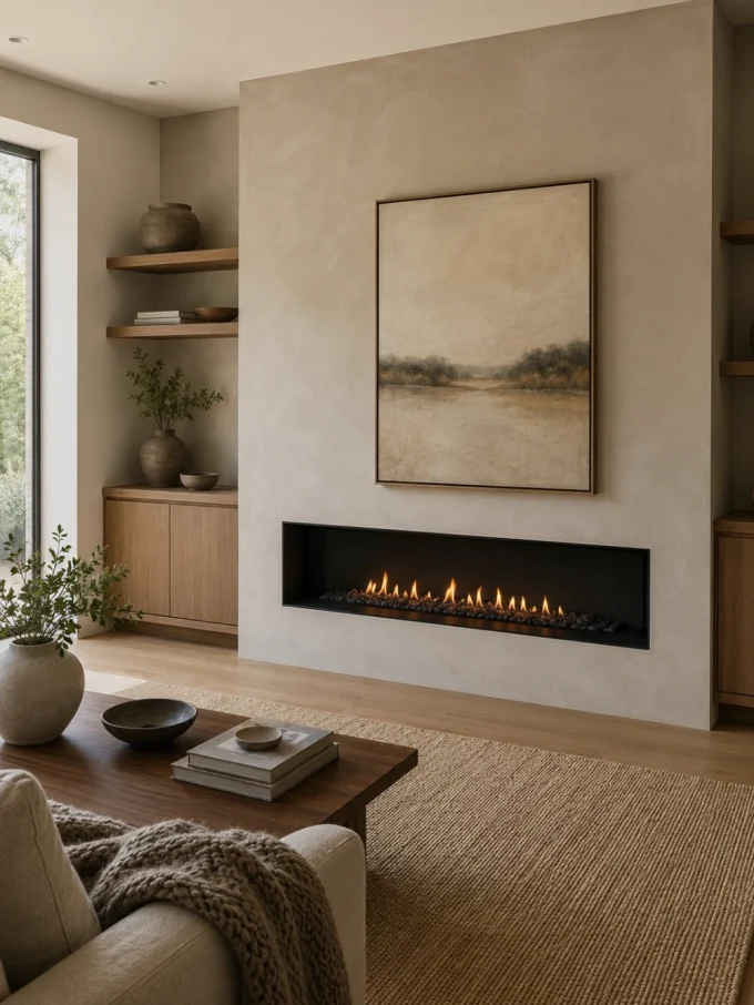A modern linear fireplace with no mantel, set into a textured beige wall, surrounded by a light wood floor and a jute rug, with a painting above it.