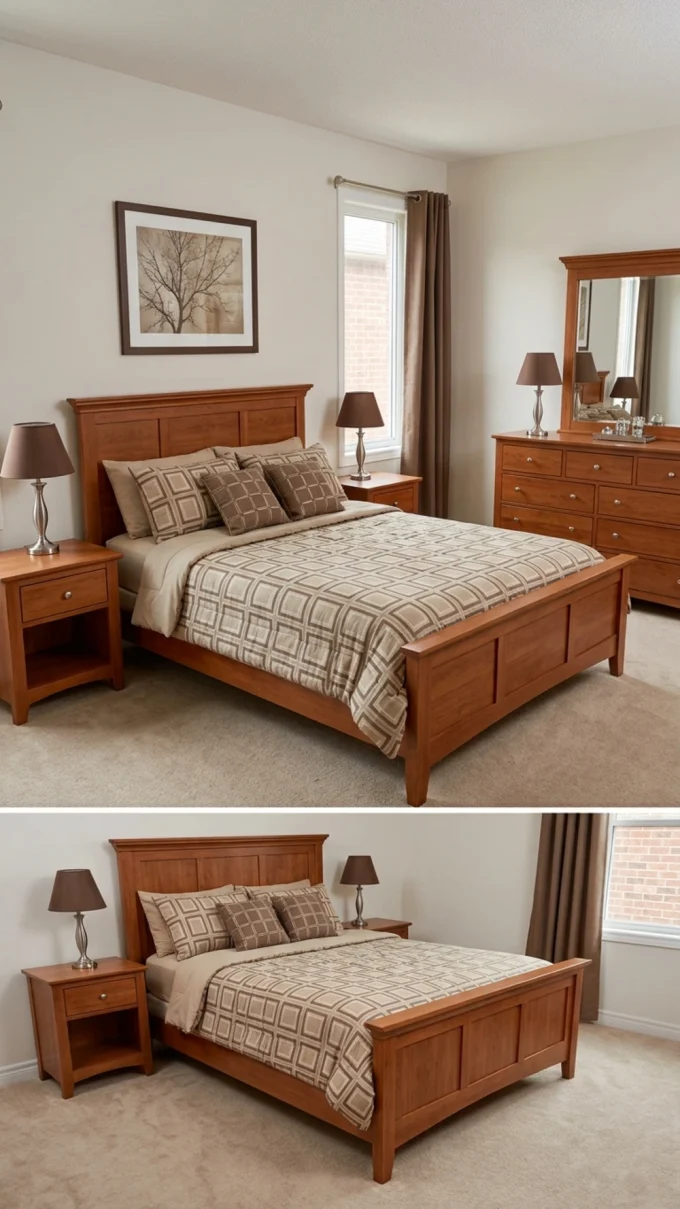 A bedroom features bed is central, dresser and nightstands flank it, with lamps and pillows.