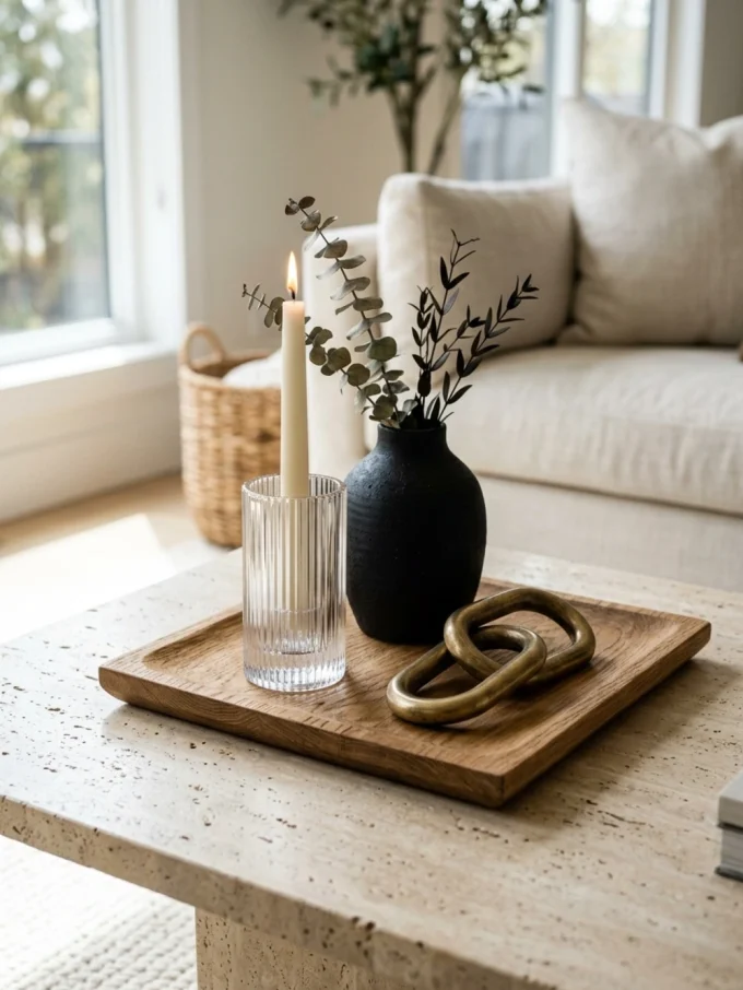 A wooden tray holding a glass candle holder with a white candle, a black vase with greenery, and a brass sculpture on a beige coffee table.