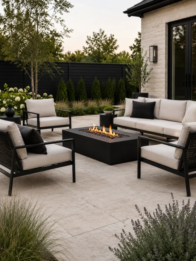 Outdoor patio with white sectional sofa, two matching chairs, and black fire pit