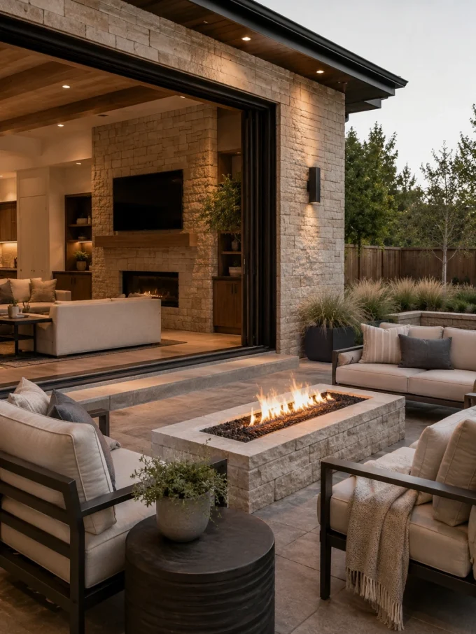 Outdoor patio with fire pit, seating area, and open sliding doors to indoor living room.