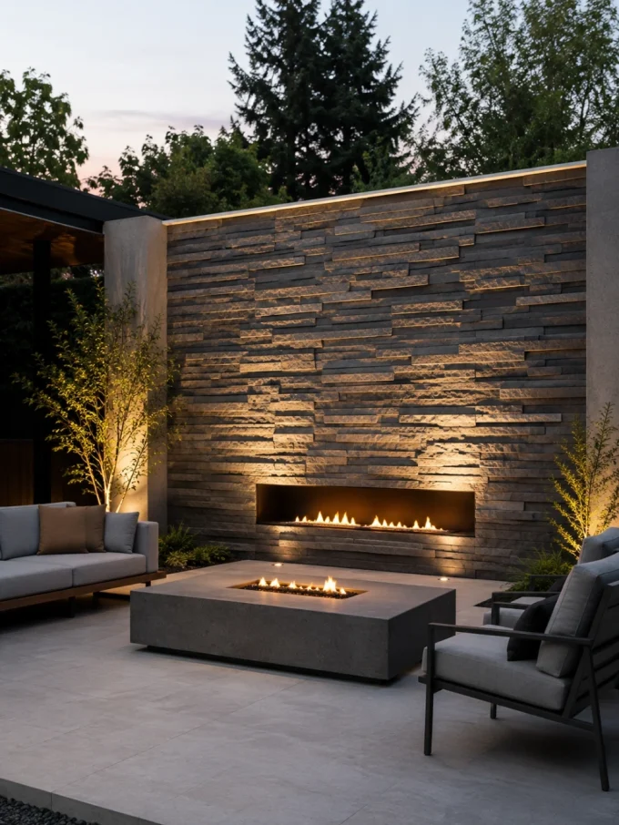 Modern outdoor patio with stone wall, fire pit, and seating area at dusk.