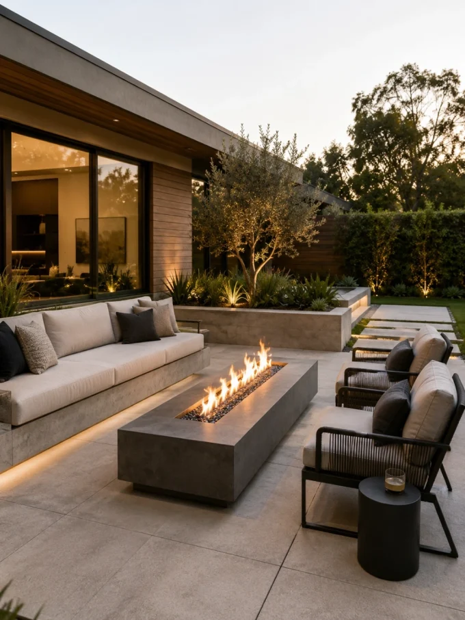 Modern outdoor patio with fire pit, sofa, chairs, and house