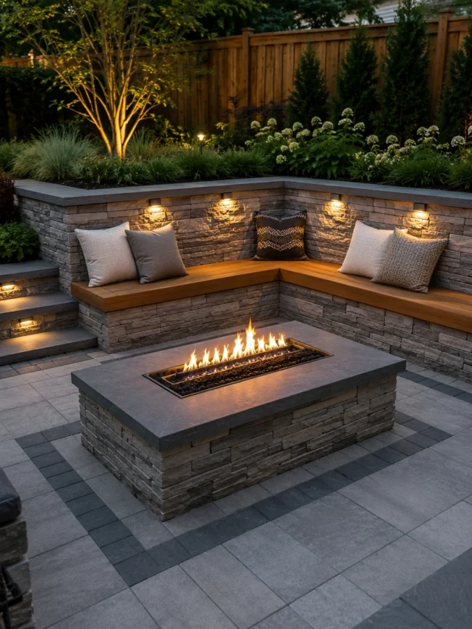 Outdoor patio with built-in seating and fire pit at dusk