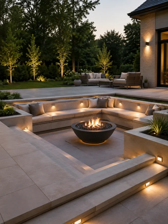 Modern outdoor patio with built-in seating and fire pit at dusk