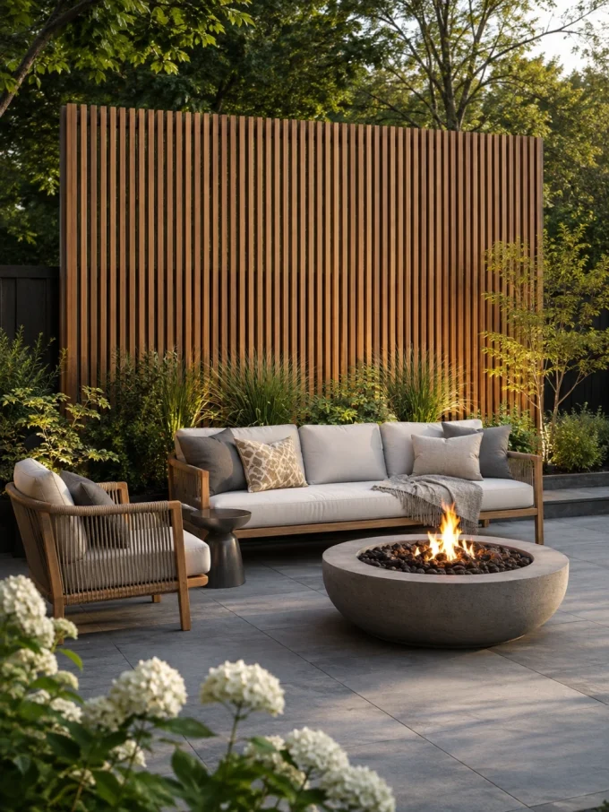 Outdoor patio with a couch, chair, and circular fire pit.