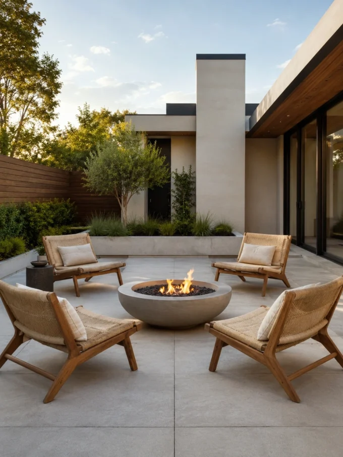 Four wicker chairs surround a round concrete fire pit with burning flames.