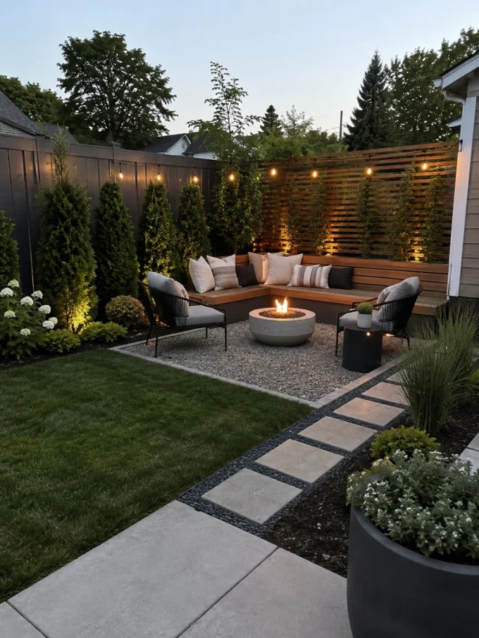 Outdoor seating area with fire pit and cushioned bench at dusk