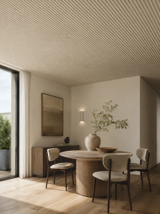 A round dining table with four chairs, a vase with branches, and a bowl, in a room with a large window and white walls.
