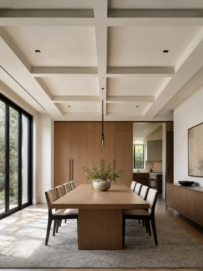 A modern dining room with a wooden table and chairs, a vase with greenery, and a kitchen in the background.