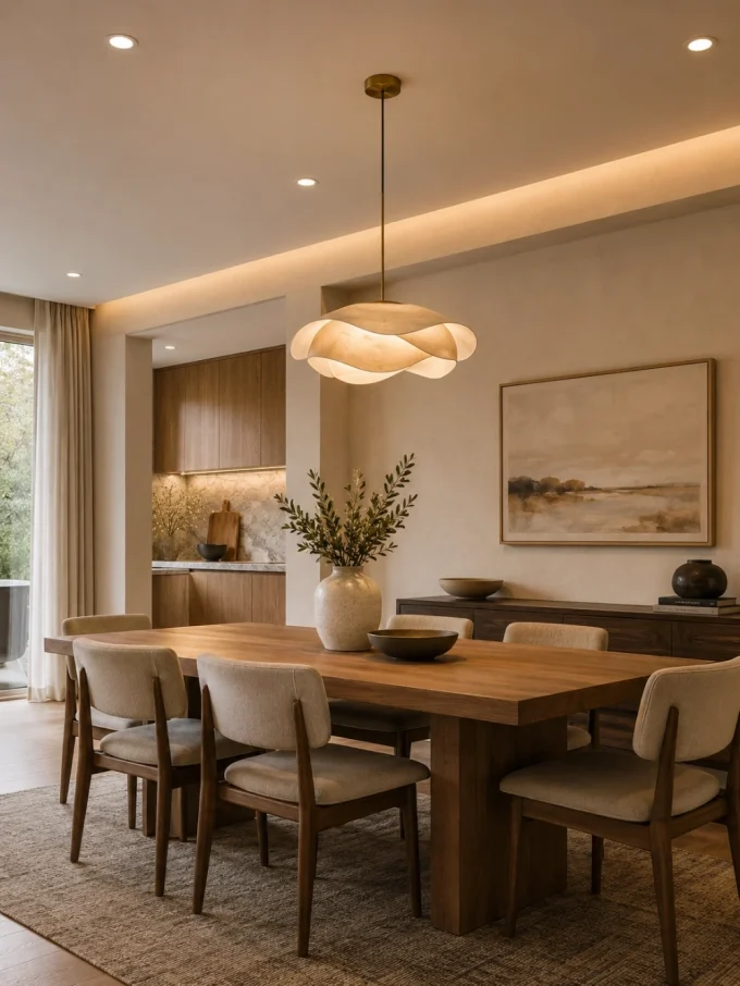 Wooden dining table with six chairs, vase with greenery, and pendant light.