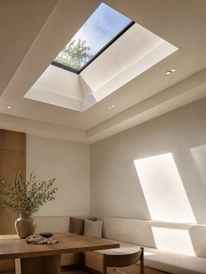 A dining area with a skylight above the table and a vase with greenery.