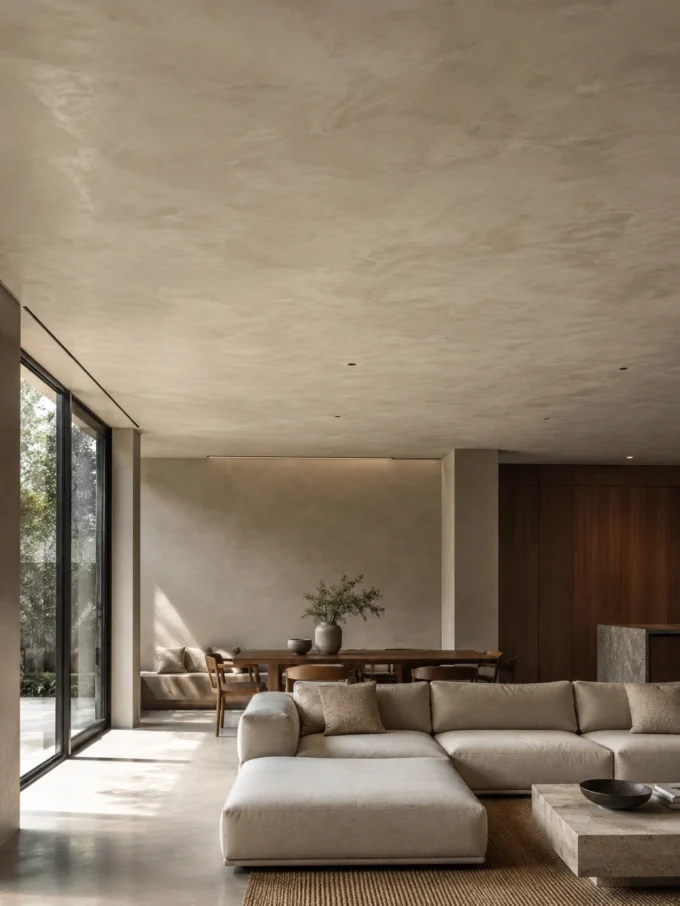 A beige sectional sofa sits on a brown rug in a modern living room with a textured ceiling, large windows, and a dining area in the background.