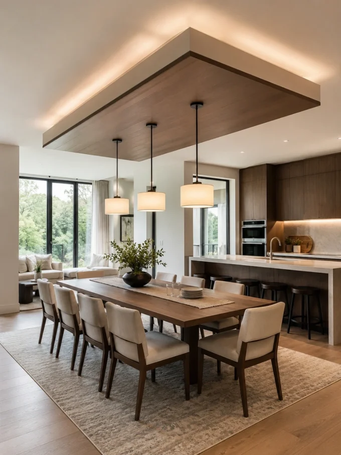 Modern dining room with table set for meal, kitchen island, and living area with large windows.