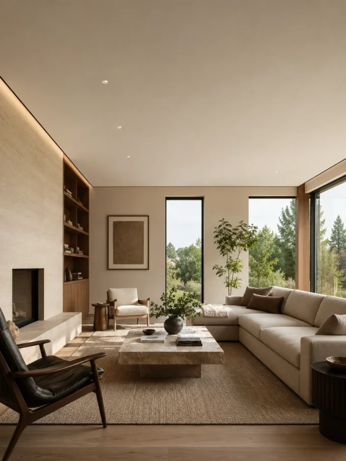 Modern living room with beige sectional sofa, marble coffee table, and large windows overlooking trees.