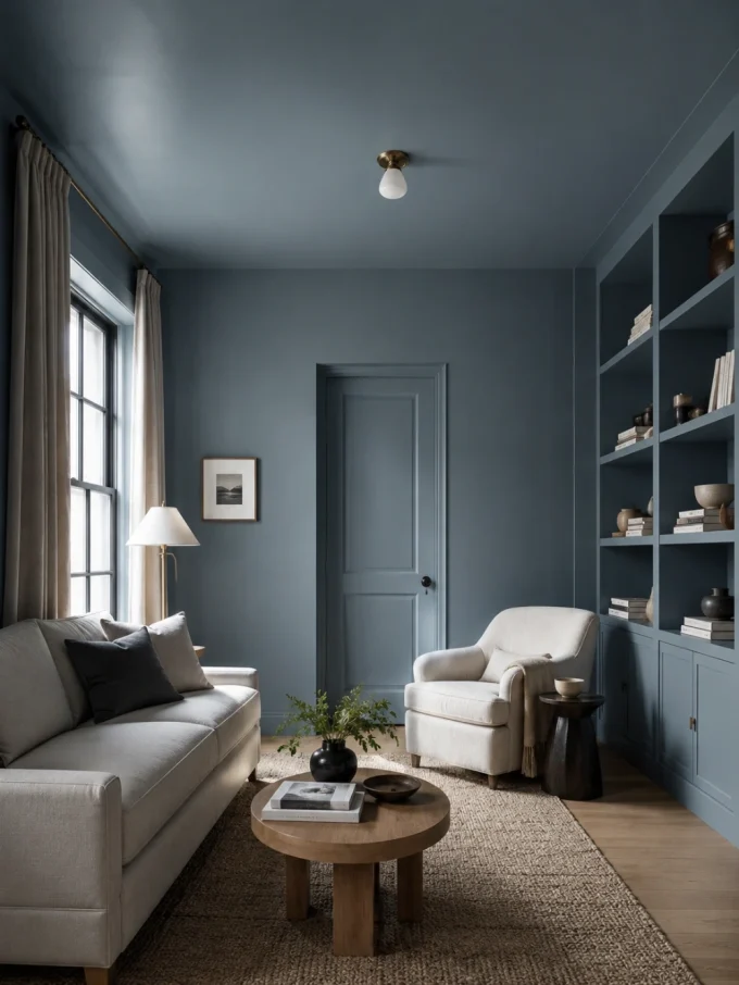 Gray couch and armchair with wooden coffee table in blue room