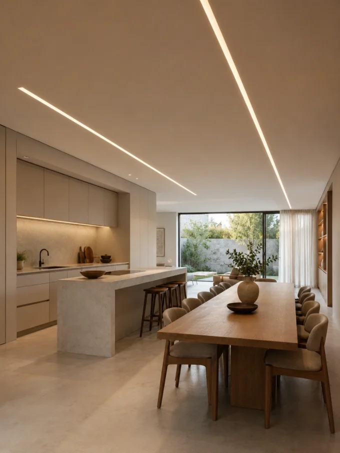 Modern kitchen and dining area with large table and chairs, island counter, sink, and sliding glass door to outdoor patio.
