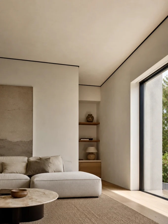 A beige sectional sofa sits on a brown rug beside a marble coffee table in a minimalist living room with a large window.