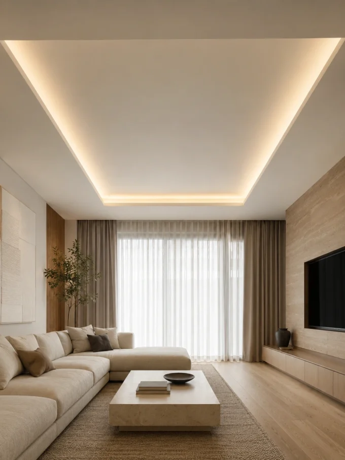 A beige sectional sofa sits on a brown rug beside a low coffee table in a bright modern living room with wood floors and a wall of windows.