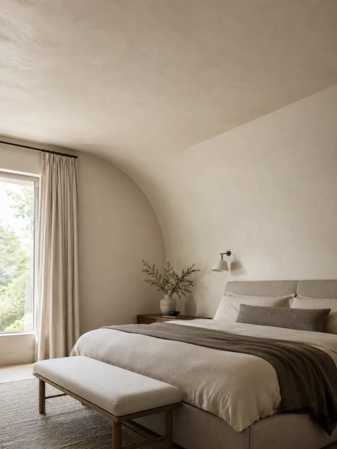 A bed with white and brown bedding, a bench, and a vase of branches on a nightstand in a room with a vaulted ceiling and large window.
