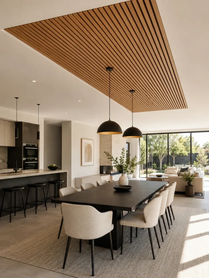 Modern dining room with black table and white chairs under wood ceiling