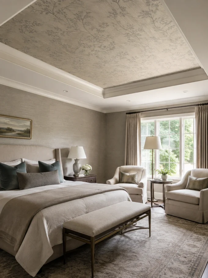 A large bed with pillows and a bench in front of it, with two chairs and a window in the background.