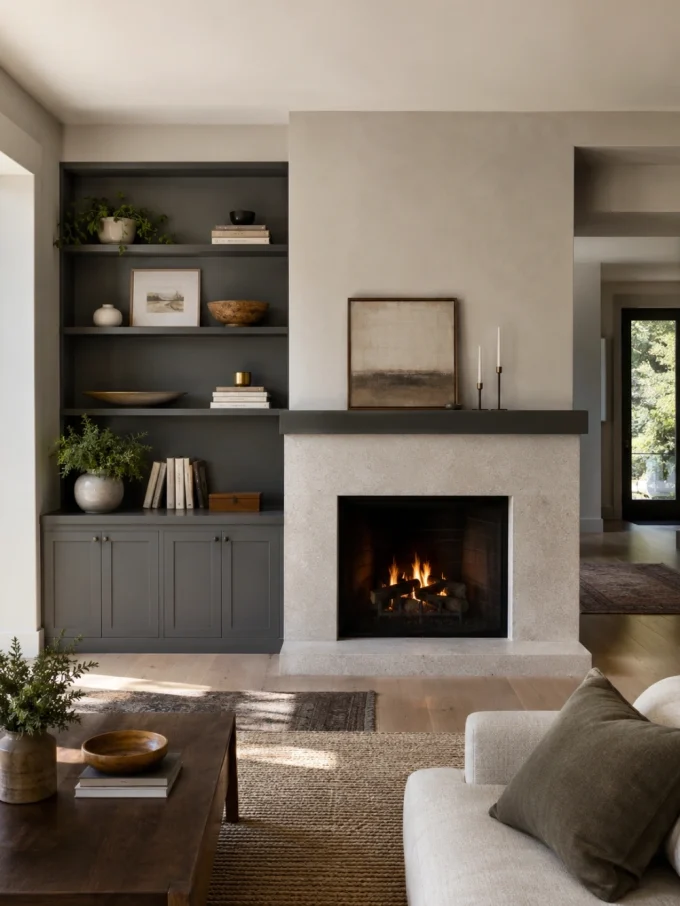 A fireplace with a low gray mantel sits beside an asymmetrical built-in shelving unit.