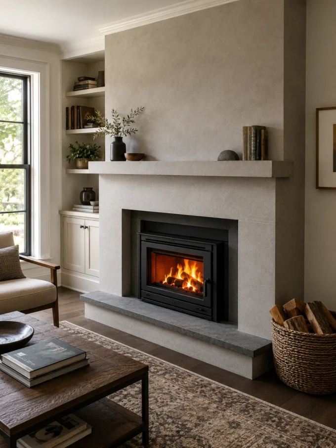 A lit fireplace with a black insert and gray stone surround, under a mantel with decor, in a room with a chair, coffee table, and window.